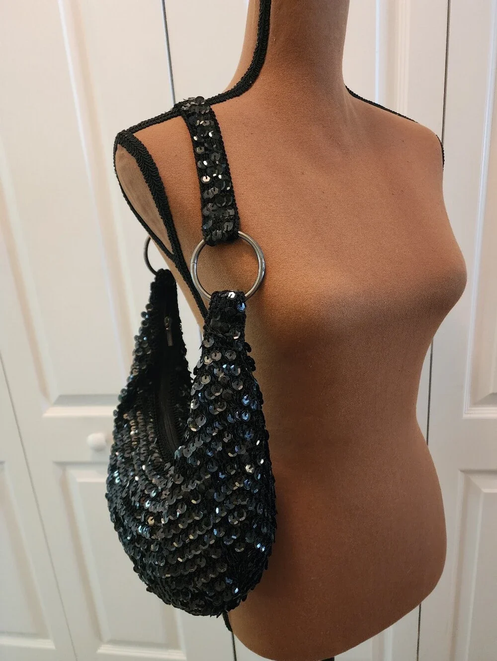 Vintage Bisou Bisou Y2K Black Sequin Hobo Shoulder Bag Handbag Grunge Fairy